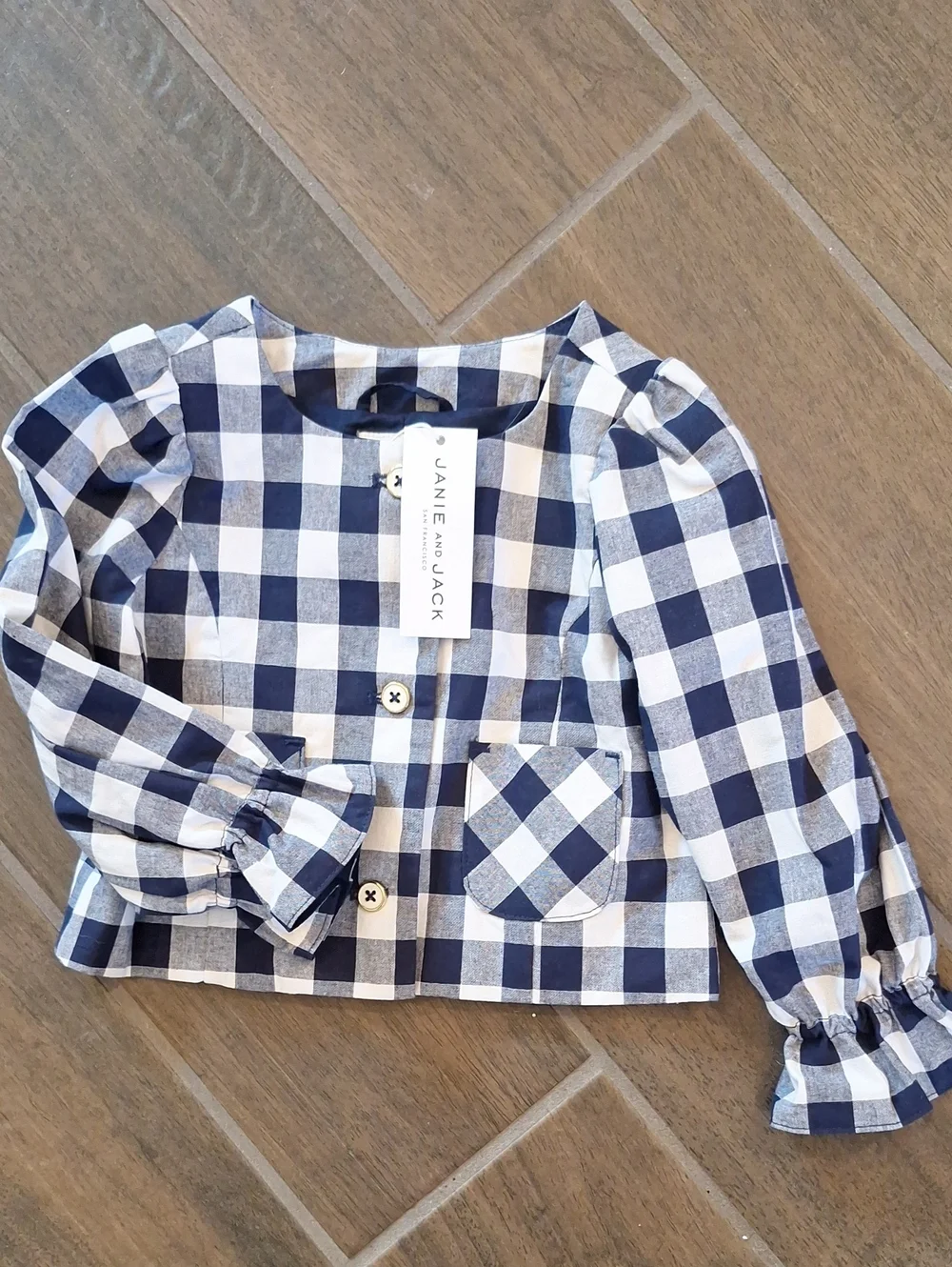 NWT Janie & Jack Navy Gingham Jacket Ruffle Bell Sleeve 100% Cotton Preppy 2T